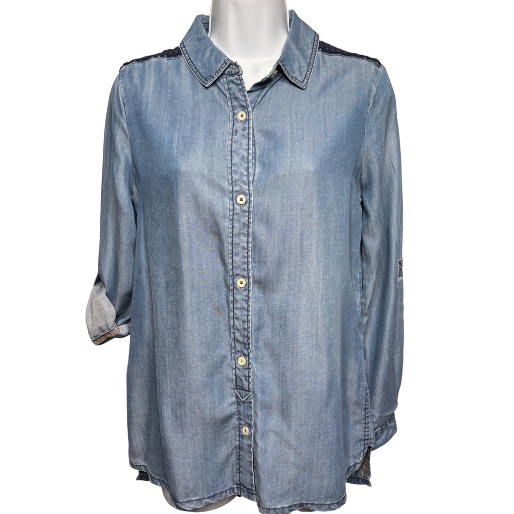 HOLDING HORSES Blue Chambray Embroidered Button Up Shirt XS Boho Western Cowgirl